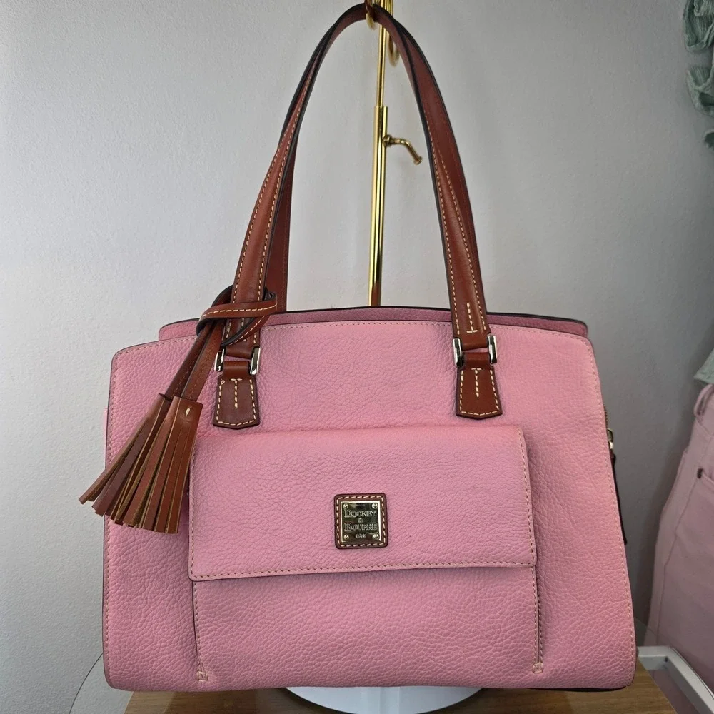 Dooney & Bourke Pink Pebbled Leather Shoulder Bag Brown Trim Tassel Logo Purse